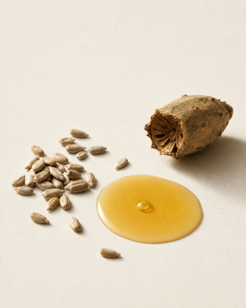 น้ำมันสกัดเย็นสีทองและเมล็ดพืช บนพื้นสี Raw Ivory — Body Series