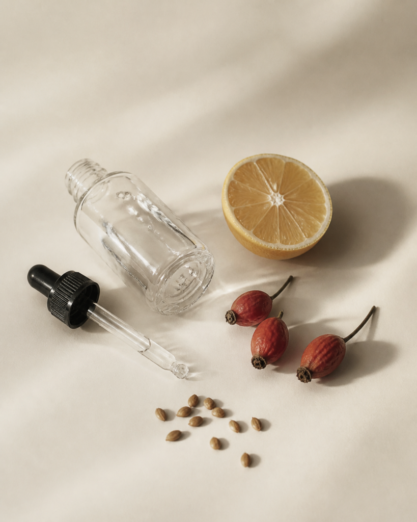 ขวดหยดแก้วใส โรสฮิป และเมล็ดพืช บนพื้นสี Raw Ivory — Facial Series
