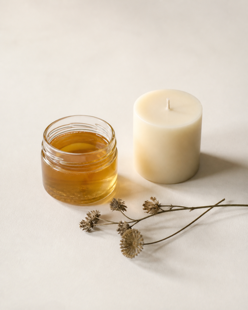 โถน้ำผึ้งป่าและเทียนถั่วเหลืองไม่มีฉลาก บนพื้นสี Raw Ivory — Life Style Series